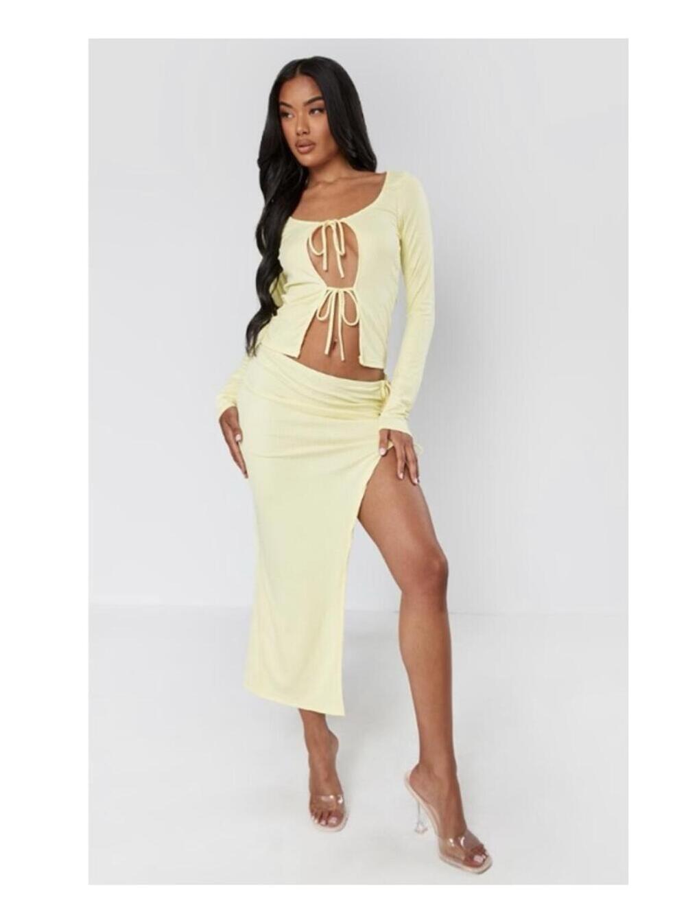 Pretty Little Thing Yellow Ribbed 2-Piece Set Size 16